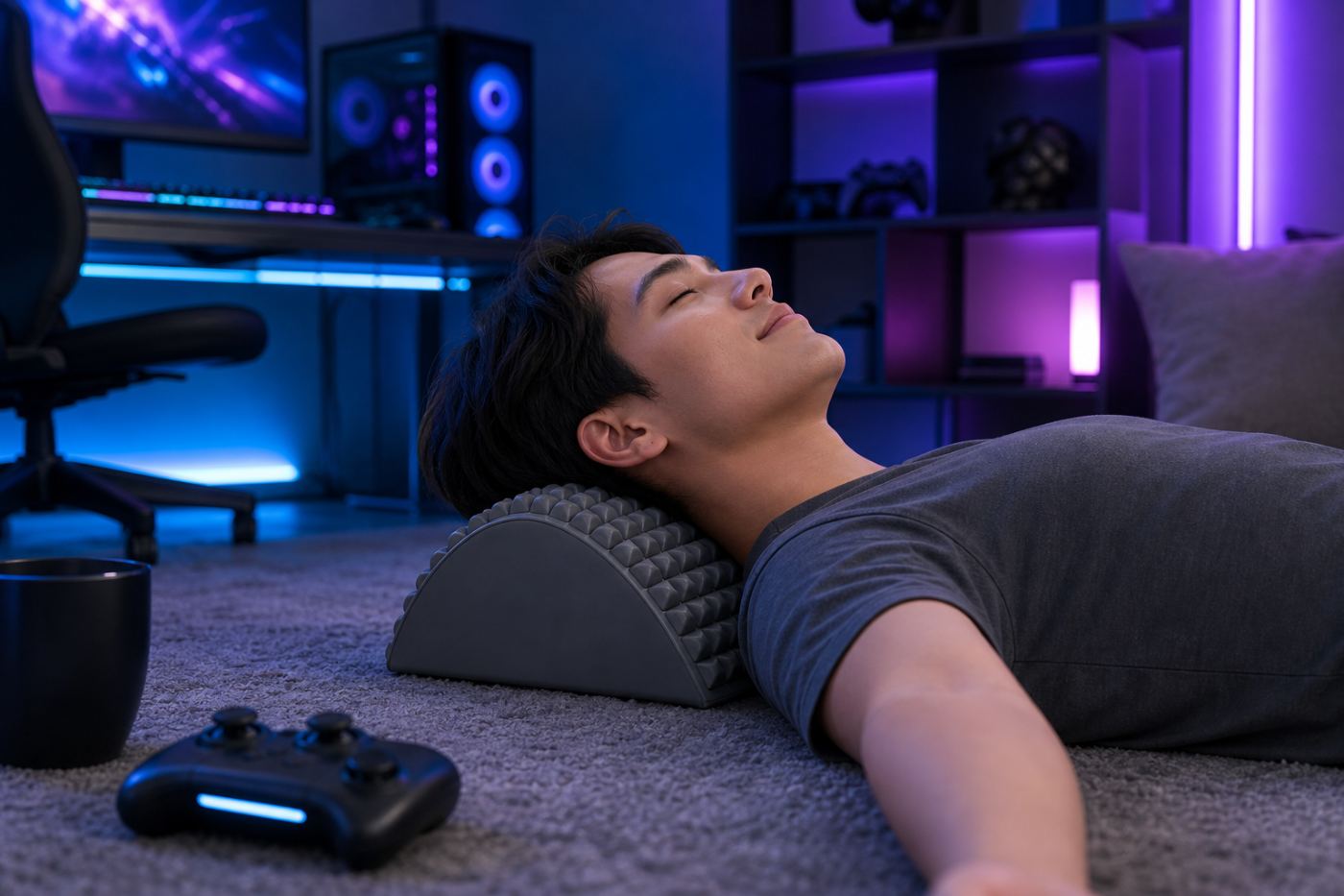 Gamer with charcoal pillow