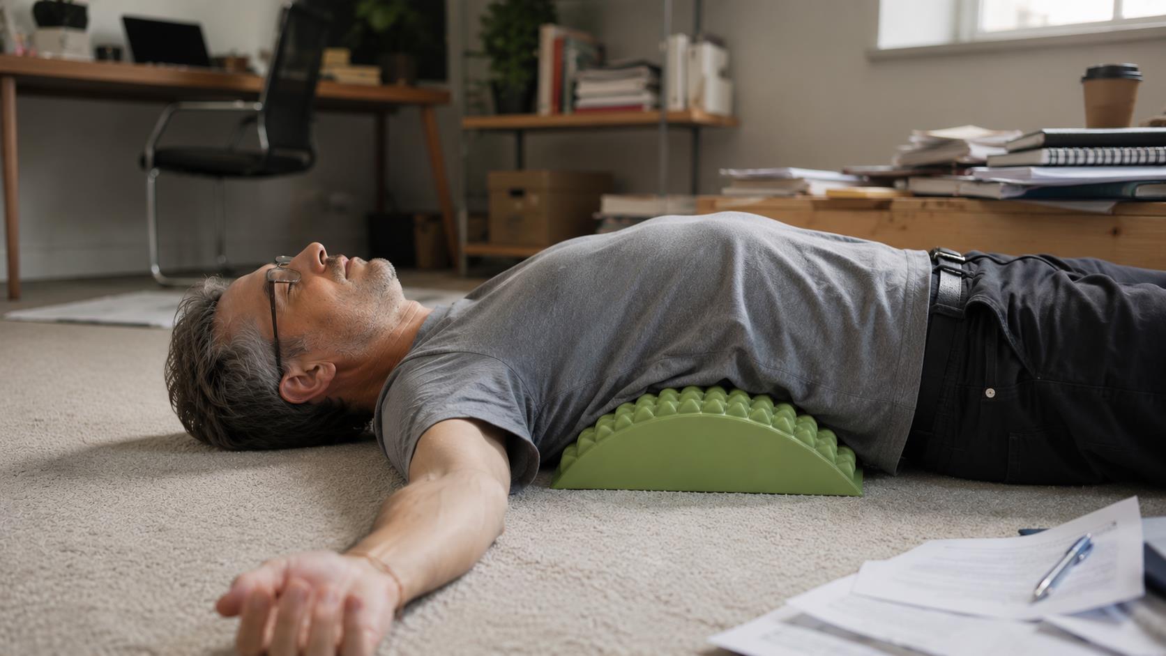 Man resetting with sage pillow in office